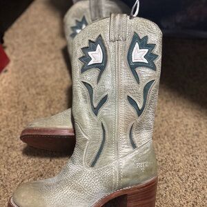 Frye Leather Boots with Green and Tan Accents